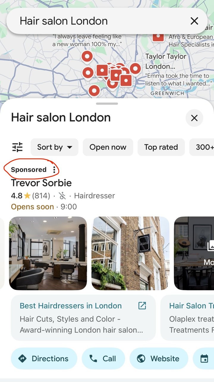 Реклама Google Ads в Google Картах: блок Sponsored на первом месте выдачи по запросу hair salon London
