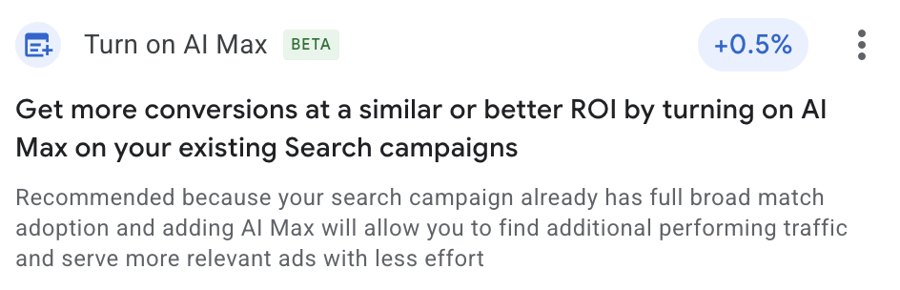 Рекомендация Google Ads: включить AI Max (Beta) для поисковых кампаний