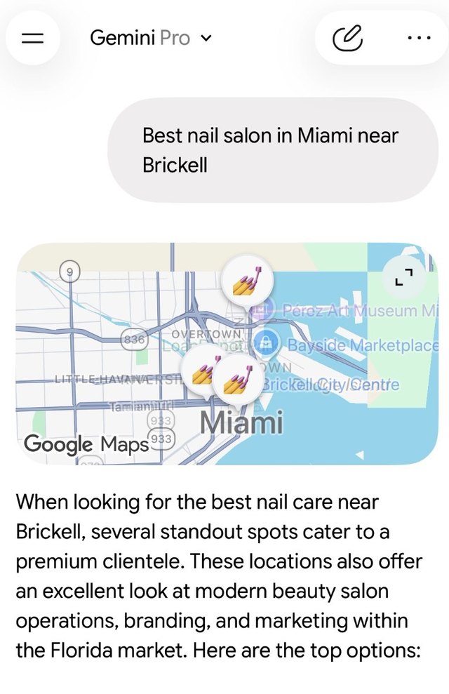 Ответ Gemini на вопрос «Best nail salon in Miami near Brickell»: карта Google Maps и рекомендованные салоны