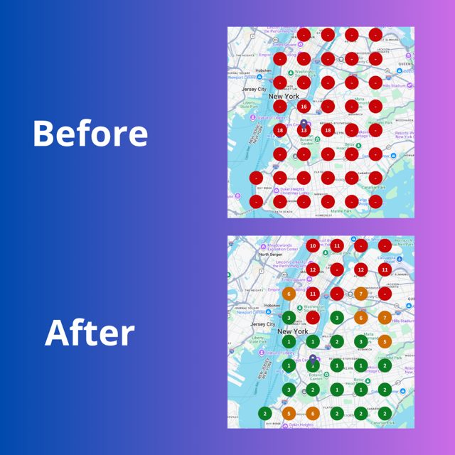 Грид Google Maps до/после: Лос-Анджелес, из невидимости в топ-3 по большей части зоны